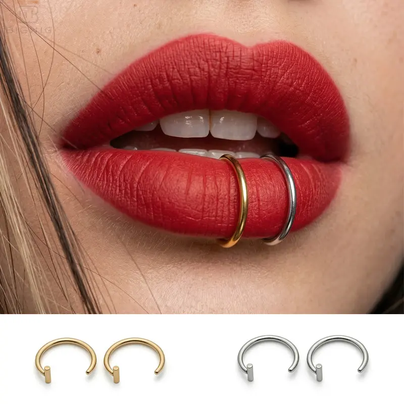 Women's 4pcs Baddie Aesthetic Geometric Fake Lip Rings - Hypoallergenic Alloy Female Body Jewelry, Elegant Minimalist Hoop Fake Piercings, Bold Look, Skin-Gentle, Comfortable Pain-Free, for Daily Labret Use