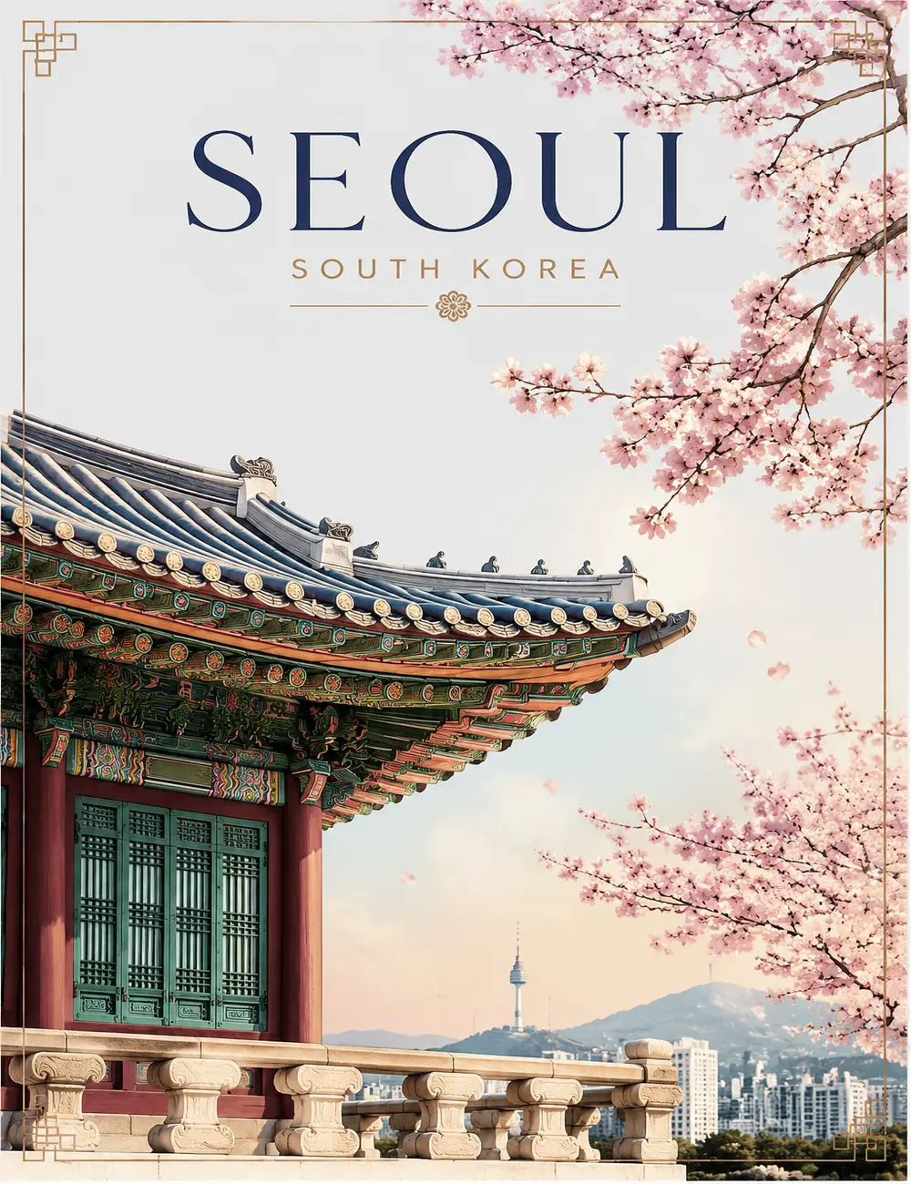 Seoul South Korea Wall Art, Korean Palace Poster, Gyeongbokgung Palace Print, Cherry Blossom Travel Decor, Seoul Cityscape Artworks, Korean Culture Wall Decor, Asian Home Decor, Korea Travel Gift for Living Room Bedroom Office Korean Travel Souvenir Decor