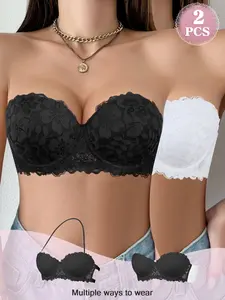 2-Pack Women's Strapless Lace Bras — Sexy, Push-Up, Underwire Bandeau-Style Bras with Clear Back Straps; Ideal for Pairing with Wedding Dresses, Off-the-Shoulder Gowns, and Formal Attire.