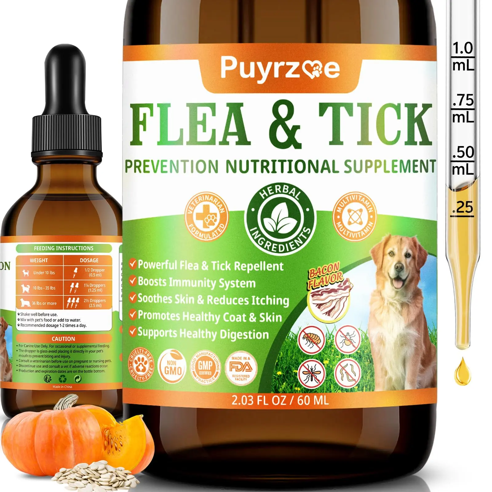 Puyrzoe Dog Flea Control Drops, 60ML Vitamin-Enriched Herbal Formula with Pumpkin Seed, Wormwood, Carrot Juice, Echinacea, Bacon, Thyme, Supports Healthy Digestion & Fur & Skin Care for Outdoor Walks, Bottle, 3 To 4 Weeks, Easy-To-Follow Dosing