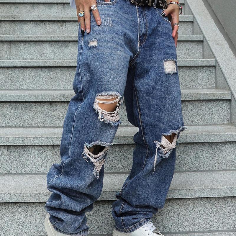 MZNBURAM Men's Ripped Non-Stretch Relaxed Fit Straight-Leg Denim Pants Jeans-Menswear Streetwear Trouser