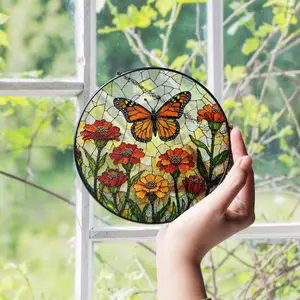 Monarch butterfly and orange wildflowers round stained glass suncatcher gift for nature lover