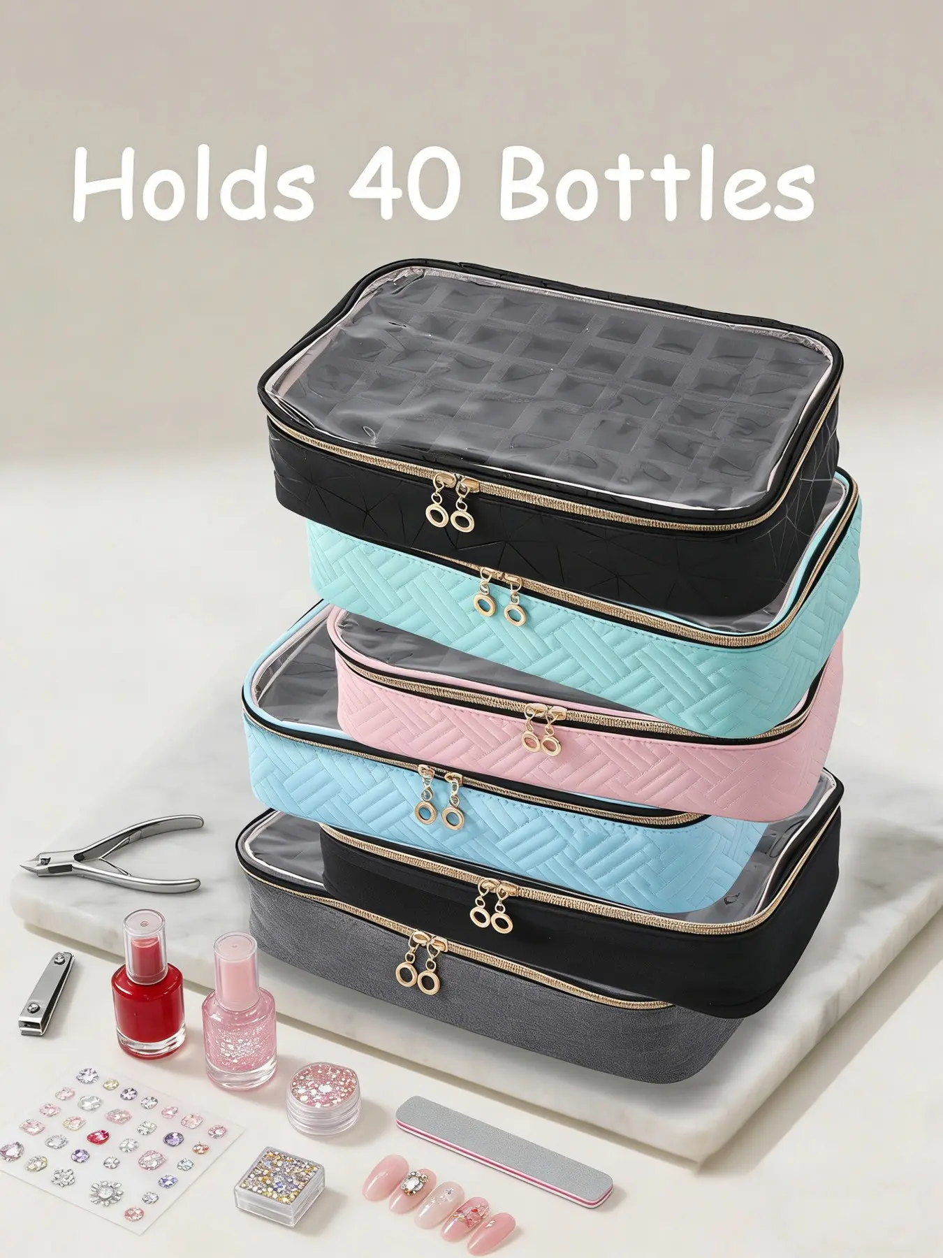 40 Compartment Nail Polish Organizer Bag, Holds 40 Bottles (15ML), Transparent Multi-Functional Makeup Travel Case, Casual Style, Travel Cosmetic Bag, Cosmetic Pouch, Cosmetic Travel Bags