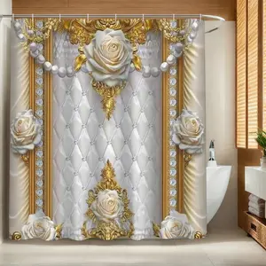 Palace Pattern Bathroom Set, Shower Curtain, Bath Mat, Toilet Lid Cover, Waterproof Non-Slip Polyester Fabric, Shower Curtain Sets