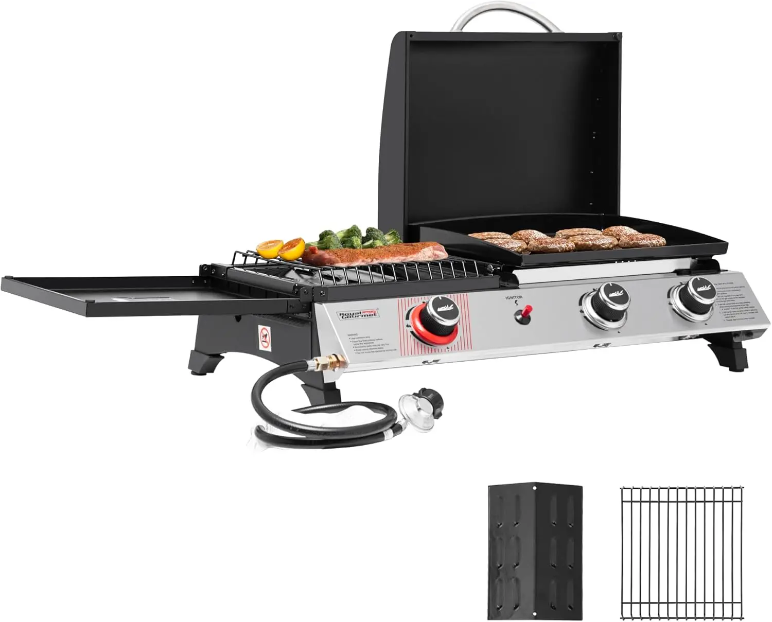 Royal Gourmet PD1305H 3-Burner Propane Gas Grill, Griddle Combo with Lid | 3-in-1 Grill Griddle Combo | 29,000 BTUs Output, 364 Sq. In. Cooking Area | for Outdoor Cooking, Silver & Black