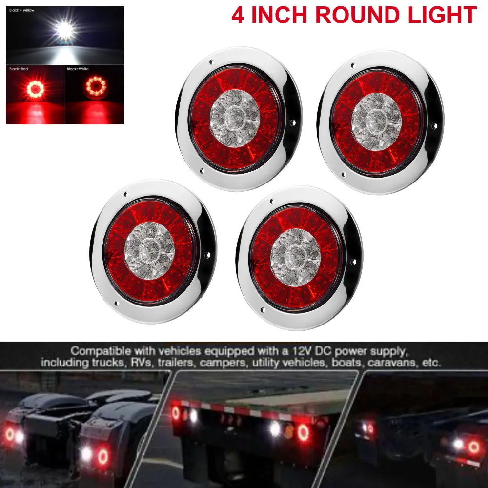AkiHalo 4 Inch Round Tail LED Lights - White / Red Flange Mount w Reflectors 16 LED DC 12V Lights Lamps for RV Trailer Trucks