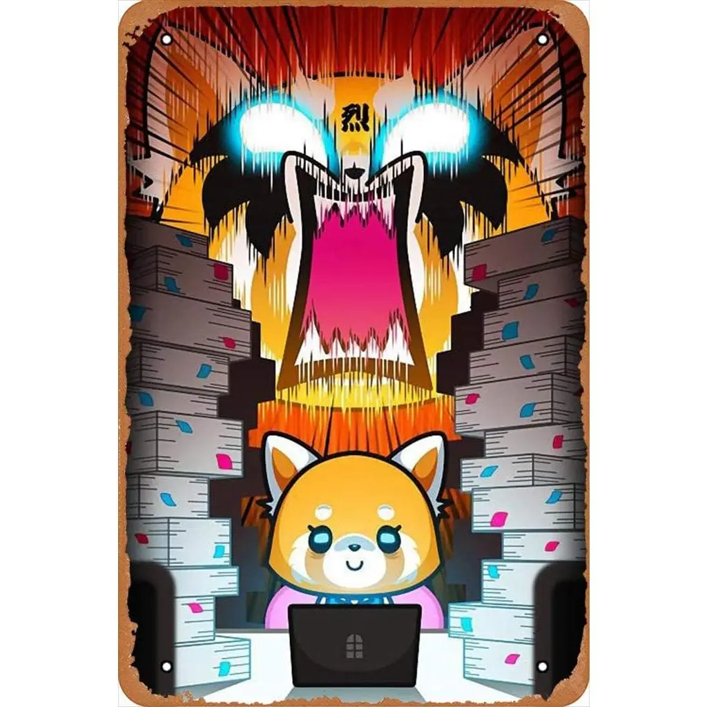 Aggretsuko Anime Poster Iron Painting Wall Poster Metal Vintage Band Tin Signs Retro Garage Plaque Decorative Living Room Garden Bedroom Office Hotel Cafe Bar, 12x8