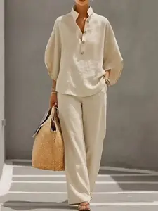 Women's Casual Shirt Set, Perfect for Outing Adventures, Comfortable Loose Fit, Plain Design, All-Season Wear, Stylish and Practical