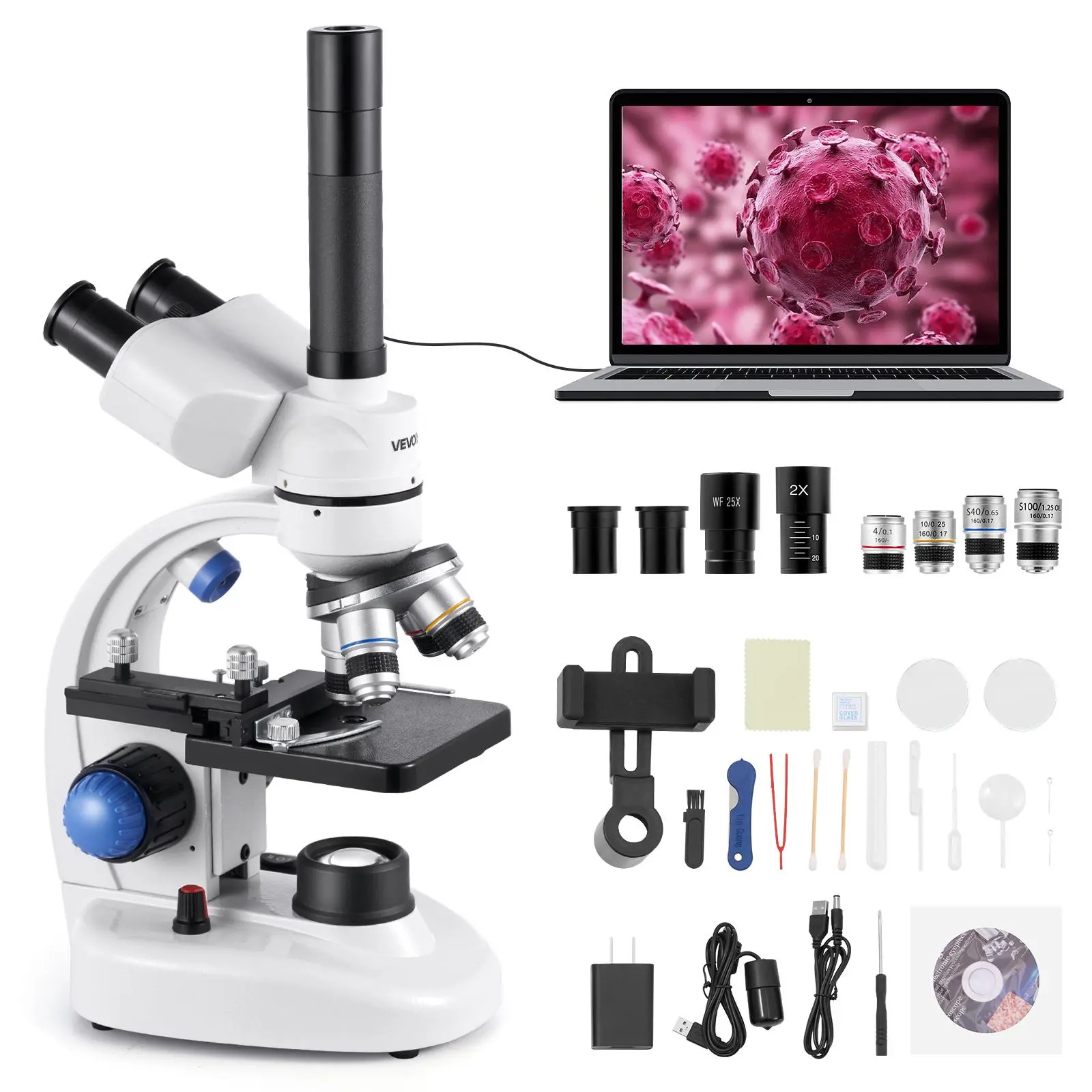 【DealsForYouDays】VEVOR Trinocular Microscope, 40-5000X Magnification, Professional Compound Microscope for Adult with Phone Adapter, LED Light, Aluminum Alloy Body, for Lab, School, Home, Education, Adapter Kit Microscopes
