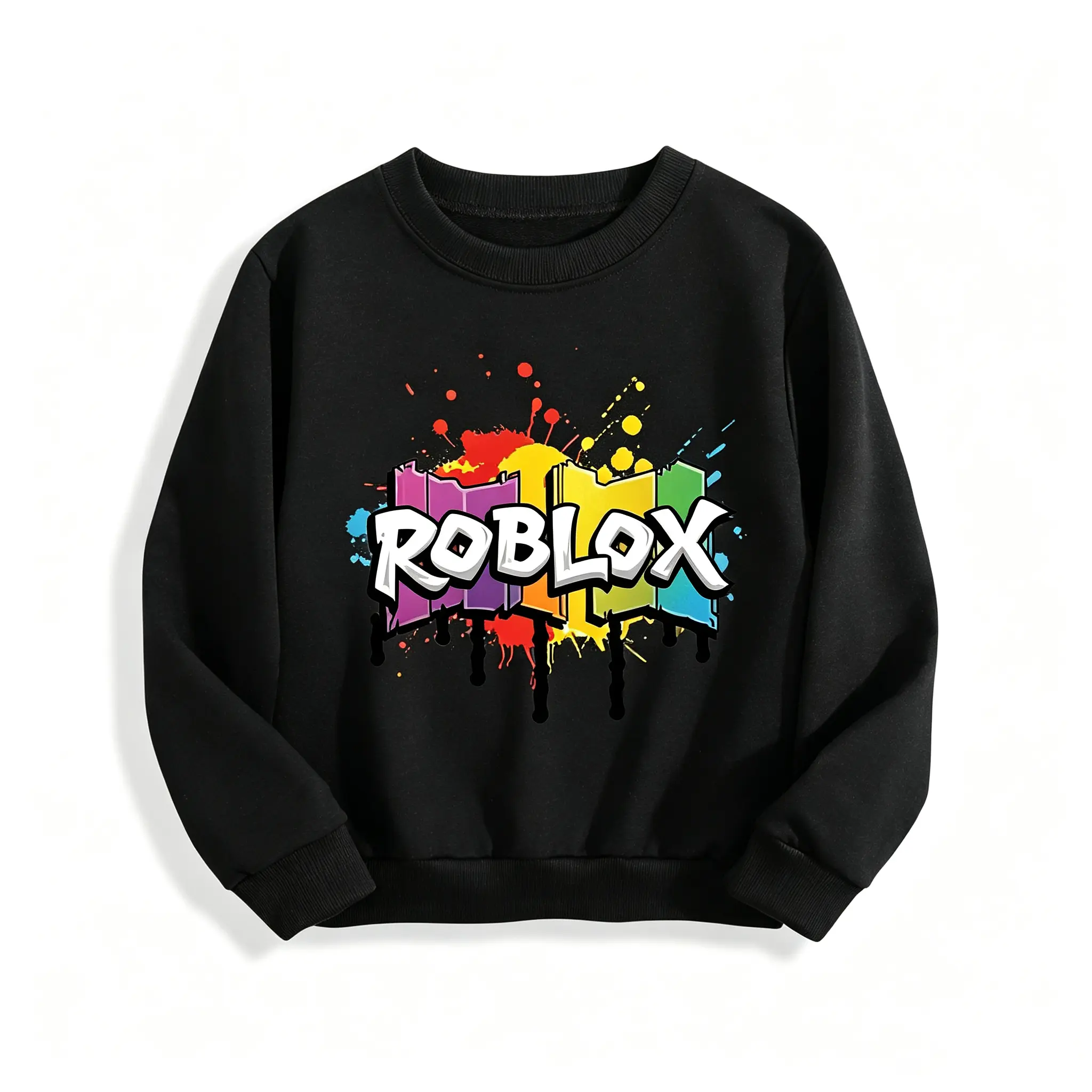 Boys Roblox Graffiti Logo Graphic Crew Neck Sweatshirt, Colorful Game Style Long Sleeve Pullover Top