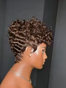 Pixie Wig Short Curly Human Hair for Women, Machine Made Pixie Cut Wig for Daily Use and Party Cosplay Gift