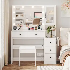 White/Black/Pink Vanity Desk with Mirror and Lights,Makeup Vanity Table Set with 5 Storage Drawers,Power Outlet & Chair,Small Dressing Table with RGB Ambient Light,Adjustable Brightness for Girls Bedroom