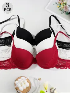 Tiktok Trend! 3-Piece Colorful Lace Underwire Push Up Bra Set with Steel Ring, Adjustable Straps, Sexy Support, Daily & Party Wear, Women's Lingerie Essential, Bras Women
