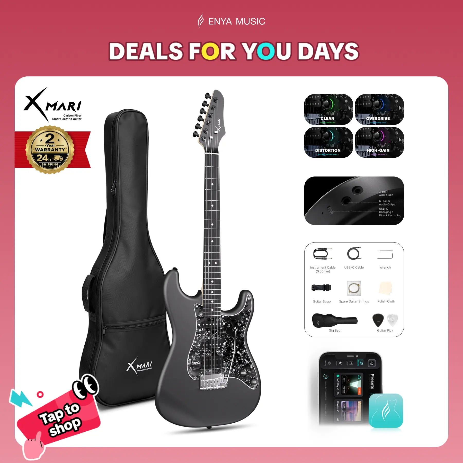 [Zero-Gear Rocker]Xmari Smart Electric Guitar with DSP Effects 4 Presets USB-C OTG Recording Headphone Output Alnico Pickups w/Coil Split Carbon Fiber Body Gig Bag Strap Cable & Picks metronome[no built-in amp]24h Shipping 2-Year Warranty DealsForYouDays