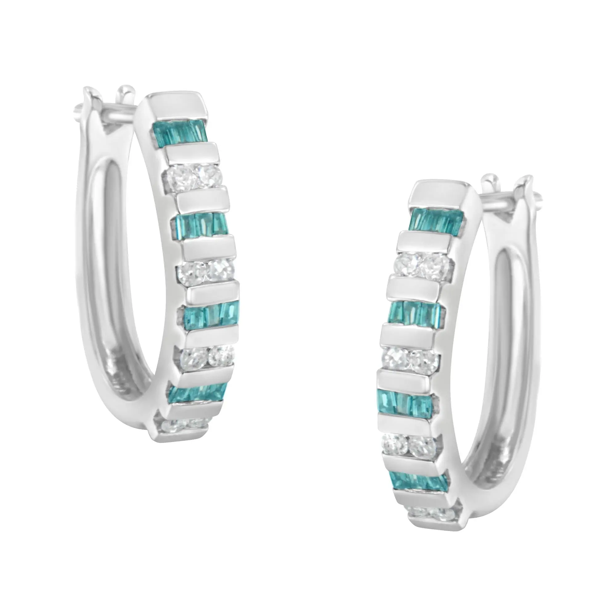 10k White Gold Round and Blue Baguette Diamond Hoop Earrings (0.50 cttw, I-J Color, I2-I3 Clarity)