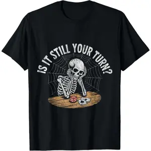 Men's funny skeleton waiting for someone's turn in a game, referencing procrastination or long waits Graphic T-Shirt - 100%25 cotton Short Sleeve Crew Neck Regular Fit Casual Wear | Soft & Breathable Fabric, Durable Print, Everyday Comfort, Machine