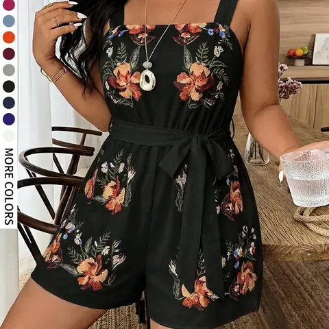 Plus Size Women's Floral Print Cami Sleeveless Short Romper, Summer Everyday Casual Belted Fit Romper, Beach Vacation Bohemian Boho Style, Perfect for Holidays