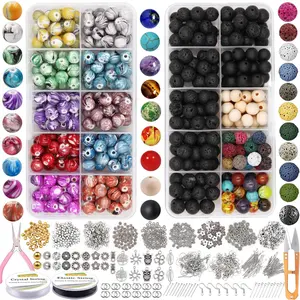 1146 count Lava Beads Round Loose Marble Beads Ink Patterns Chakra Beads with Spacer Beads Pendants  Findings for Adult DIY Bracelet Necklace Earring  Making Crafts