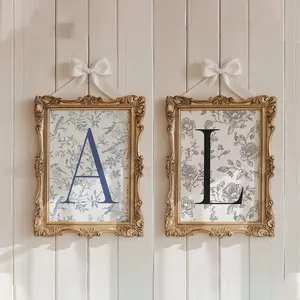 Custom Initial Letter Wall Art Elegant French Blue & Black Roses Coquette Toile Print Chinoiserie Floral Room Decor Personalized Alphabet Nursery Vintage Poster