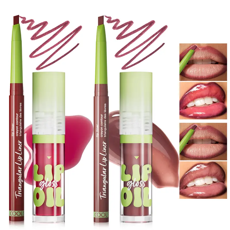 Cool Story Women's 2-Set 4-Color Cosmetic Combo - Lip Liner + Big Brush Head Lipstick, Daily Hydrating Moisturizing Tinted Oil Lip Care Kit for Dry Skin, Plumping Long-Lasting Gloss