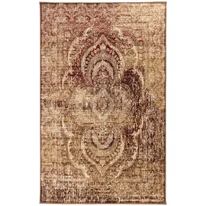 360 stand Rectangle Area Rug, 4 x 6 ft. Maroon & Gold Abstract Print Power Loom Distressed Stain Proof, Rectangle Size, Modern