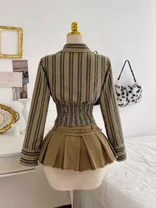 Vintage Striped Tie Woven Shirt Long Sleeve, Retro Style Button-Down Collar Design, Casual Fashion for Men & Women, Perfect for Spring Daily Wear, Blouses, Tops
