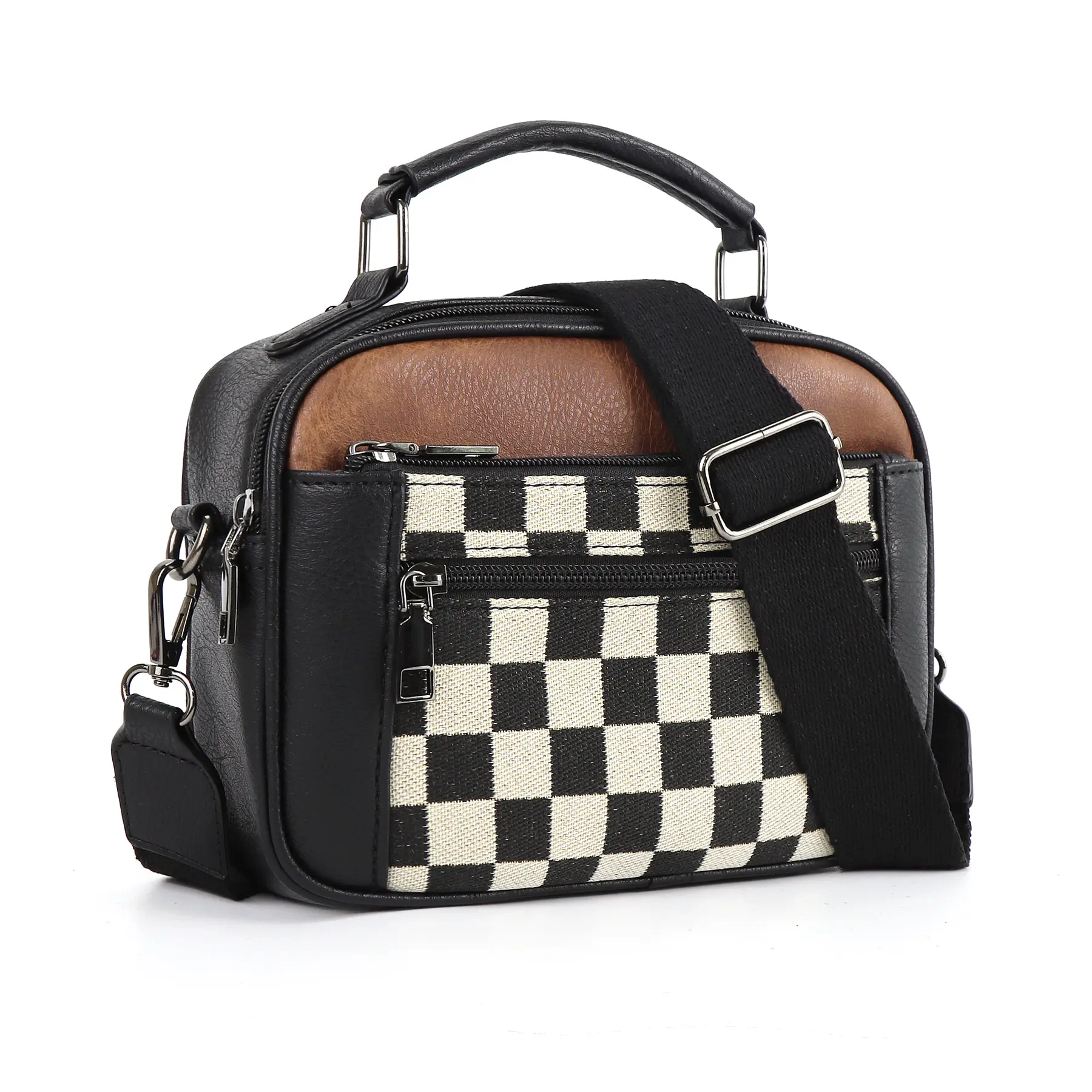 Women's work bag, black and white checkered single shoulder crossbody bag with handle, detachable shoulder strap handbag, multi-layer pocket with zipper, women's handbag, gift for mom, fashionable PU canvas checkered square bag