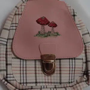 Mini Mushrooms Embroidered Backpack - Pink Plaid Pleather