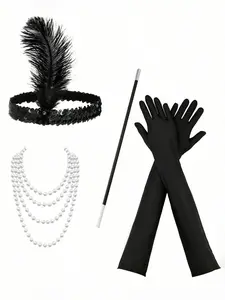 1920s Retro Feather Headpiece Set, Multi-Layer Pearl Necklace, Gloves, Cigar Holder, Women's Masquerade Party Decorations