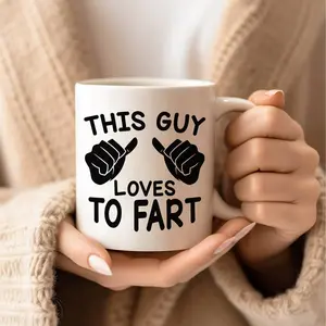 Novelty Ceramic Coffee Mug with Handle - "This Guy Loves to Fart" Funny Gift Tea Cup - Ideal for Birthdays, Christmas - Unique Humorous Present for Women, Men, Mom, Dad, Friends, Coworkers - 11oz Capacity