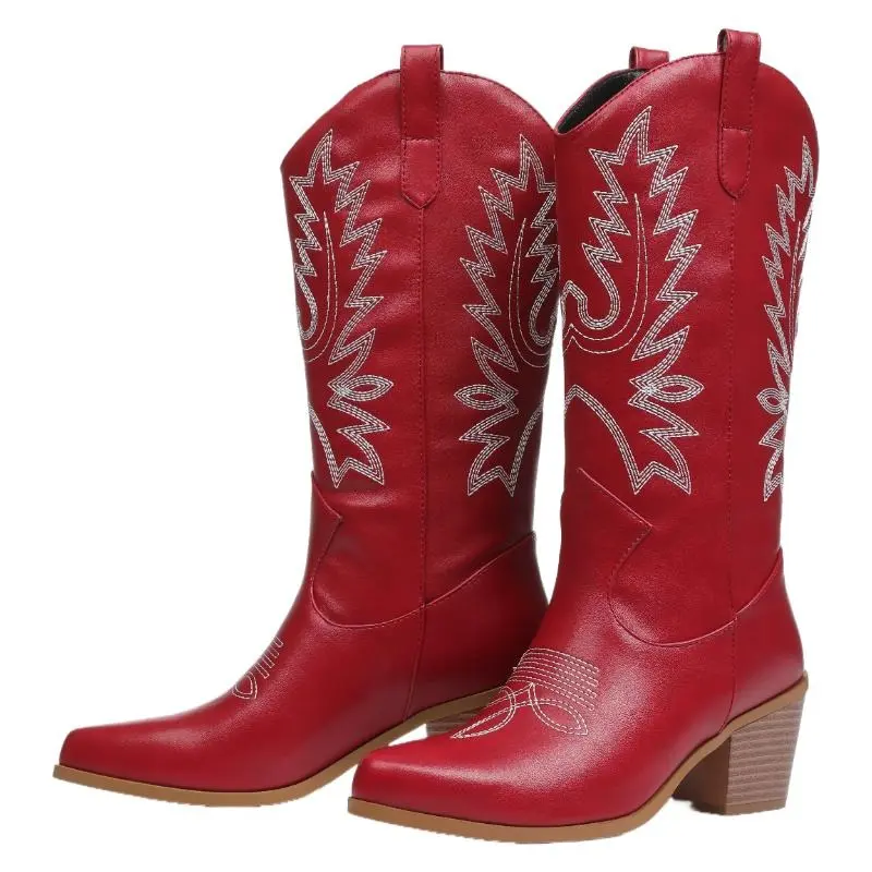 Women's Classic Embroidery Cowboy Aesthetic Mid-Calf Booties - Pointed Toe, Block Heel, Slip-On Red Leather All-Season Stylish Footwear
