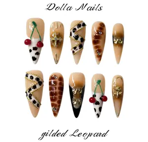 100% Handmade 3D Long Almond Press-On Nails, Reusable Fake Nails with French Tip, Leopard Print & Cherry Design, Luxury Gold Bead Charms, Gothic & Edgy Baddie Y2K Nails, Old Money Aesthetic Vacation Nails, Salon-Quality Manicure for Daily Wear & Occasions