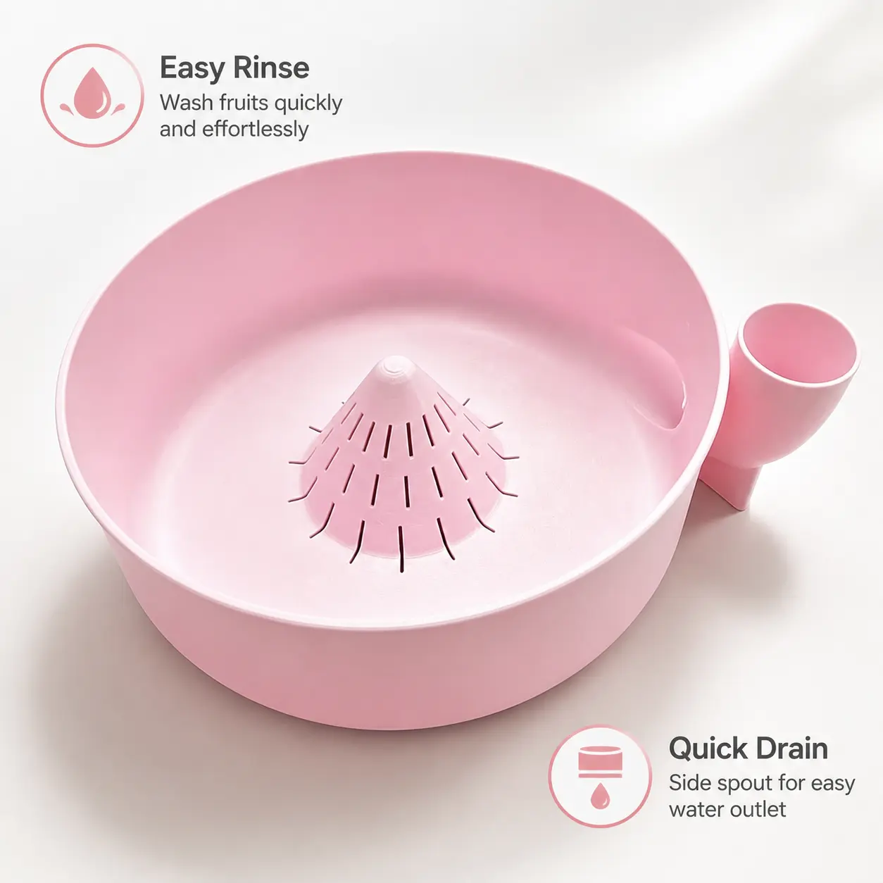 1-Piece Lightweight Rotating Cone Plastic Fruit & Vegetable Washing Basket with Side Spout Filter for Household Kitchen Daily Cleaning