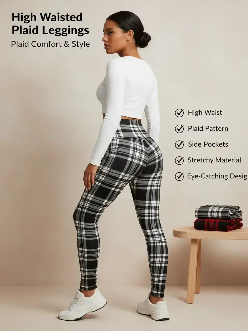 Women's High Waisted Plaid Leggings with Side Pockets Stretchy Soft Casual Workout Pants for Womenswear Bottom Eyes-catching Eye-catching Design