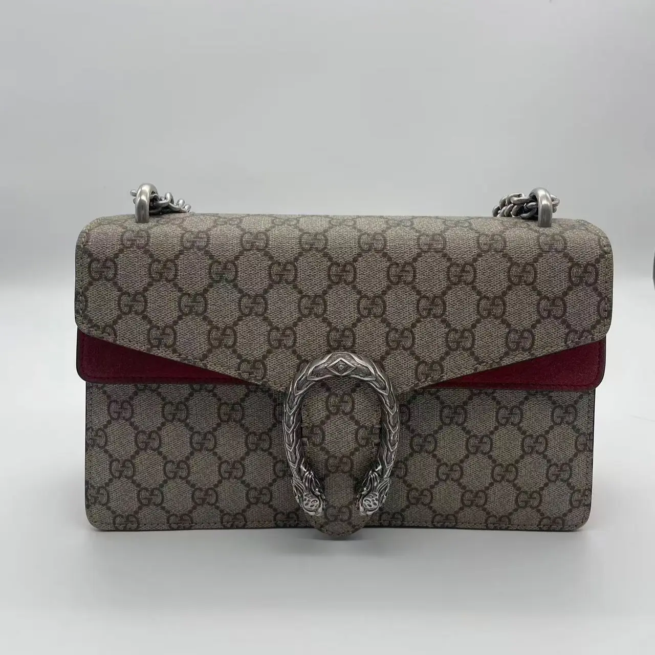 Pre-owned GUCCI Dionysus Medium GG Supreme Red Suede Shoulder Bag Very Good Condition