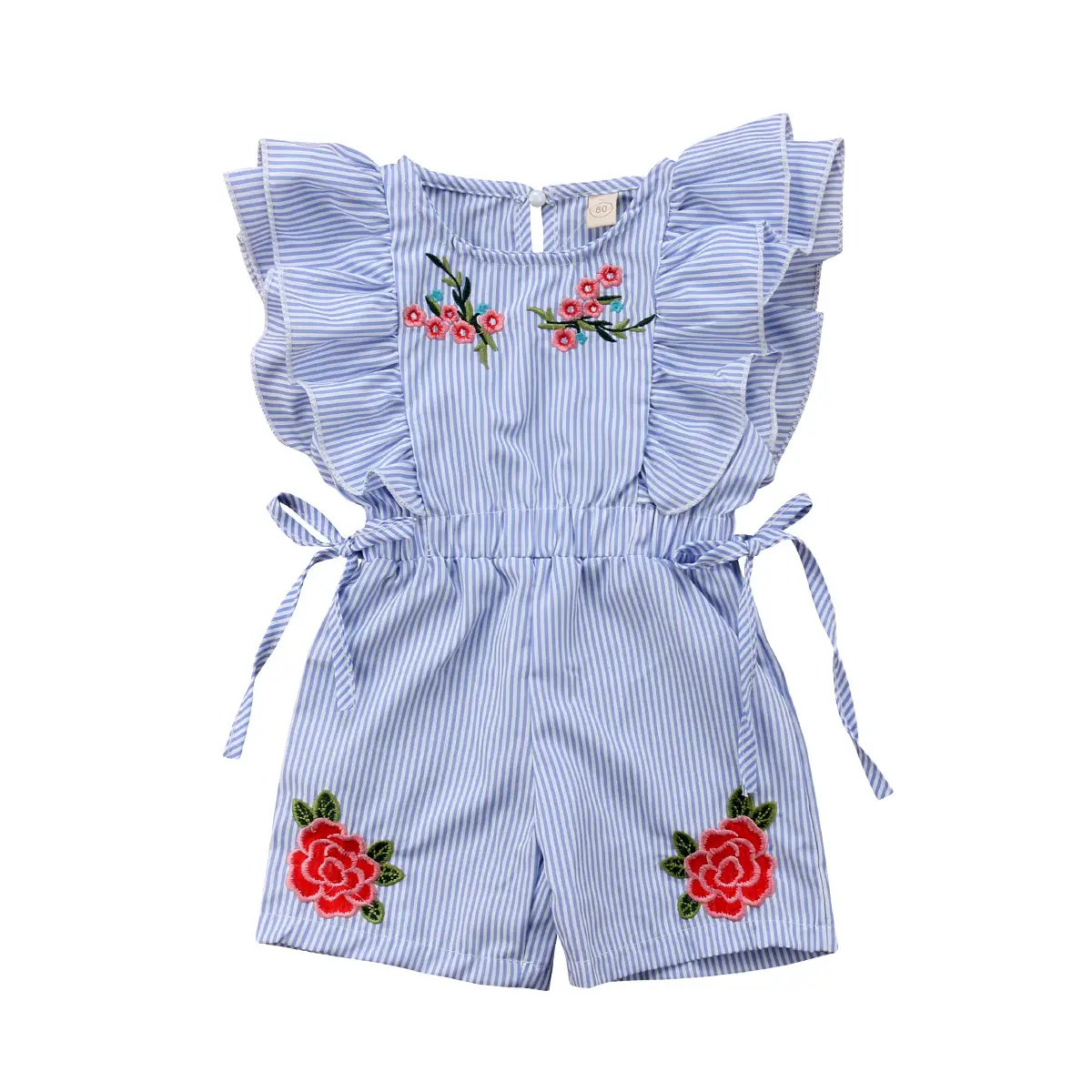 Girl’s Fresh Ruffles Sleeve Jumpsuit Fashion Stripe Embroidery Waist Bandage Button Short Pants
