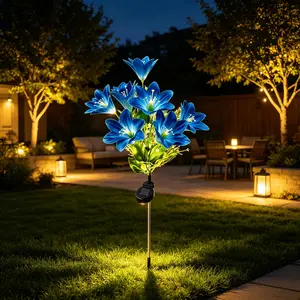 Outdoor Garden 7-Piece Lily Solar Light Set, LED Solar Lanterns for Pathways, Flower Beds, Lawns, Blue Color, Energy Efficient Lighting, Solar Powered Lighting, Solar Patio Lights