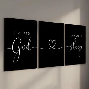 Give It to God and Go to Sleep 3 Piece Framed Canvas Wall Art for Bedroom Living Room Minimalist Script Quote Decor 12x16 Inch Each Panel