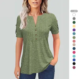Imily Bela Women's fashion summer pleated button short sleeve T-shirt summer V-neck solid color casual Tunic top M8G211