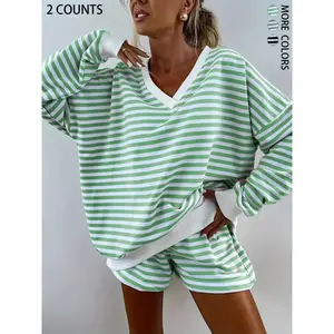 Women’s Casual Loose Striped V-Neck Knit Sweatshirt + Shorts Two-Piece Set, Comfortable for Everyday Wear, Stylish and Versatile Clothing