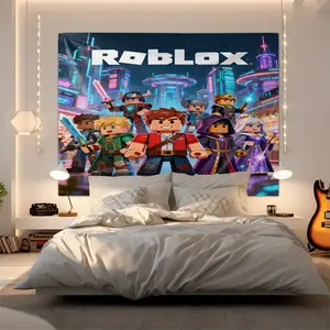 Roblox Theme Cartoon Warrior Character Print Wall Tapestry, Teen Boy Birthday Party Decoration, Pixel Background Wall Poster, Gaming Esports Room Bedroom Wall Decor, Washable Fade-Resistant, Lightweight