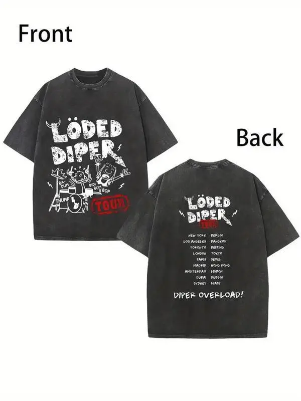 1pc Men'S Retro 'Loded Diper' Graphic T-Shirt - Vintage Streetwear Tee with Double-Sided Washed Design, Loose Fit Crew Neck Short Sleeve classic  rock moon  rocks