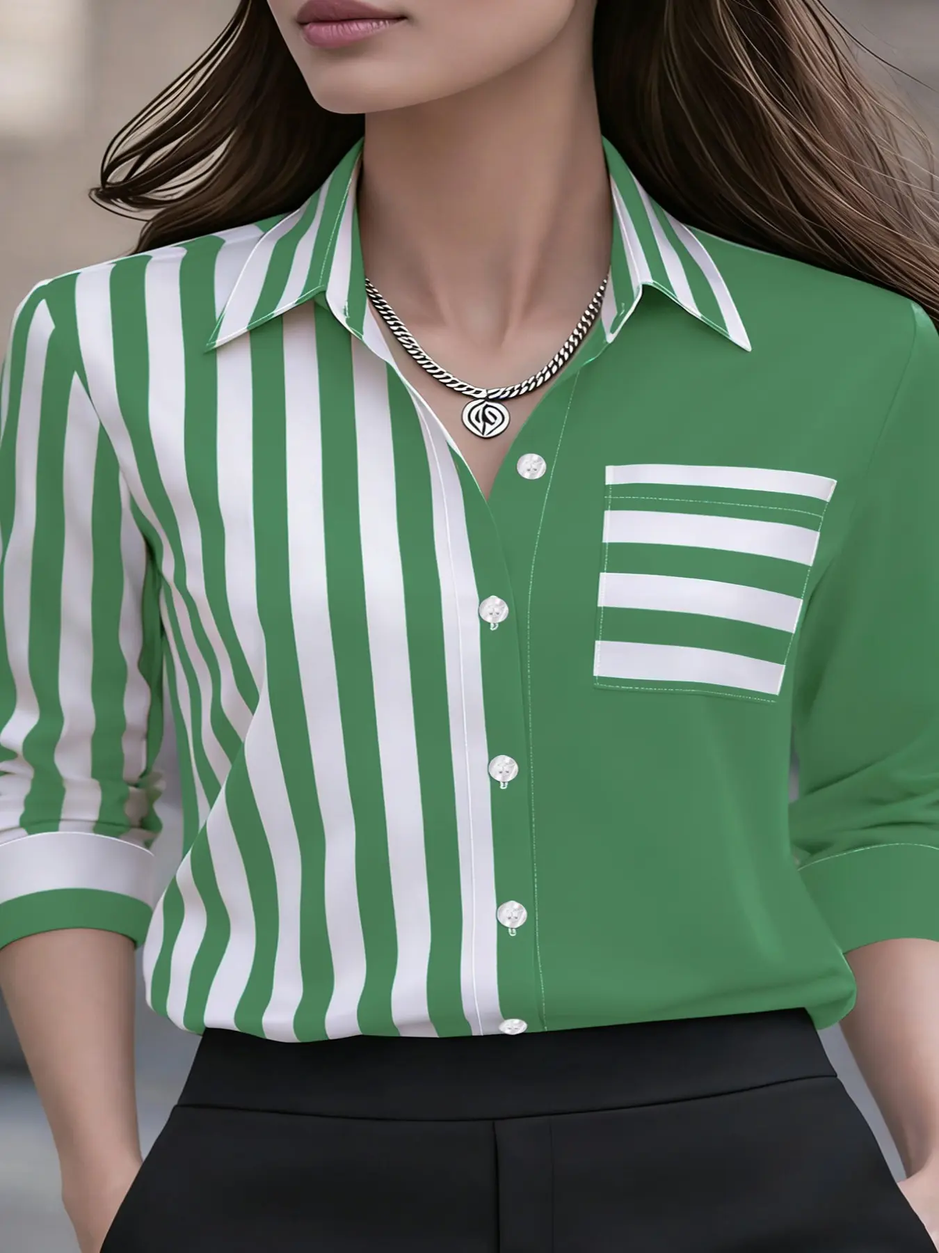 Women's casual fashion collared long-sleeved front-button striped Blouse shirt, Button Closure Top, comfortable for daily wear, suitable for both office and casual occasions