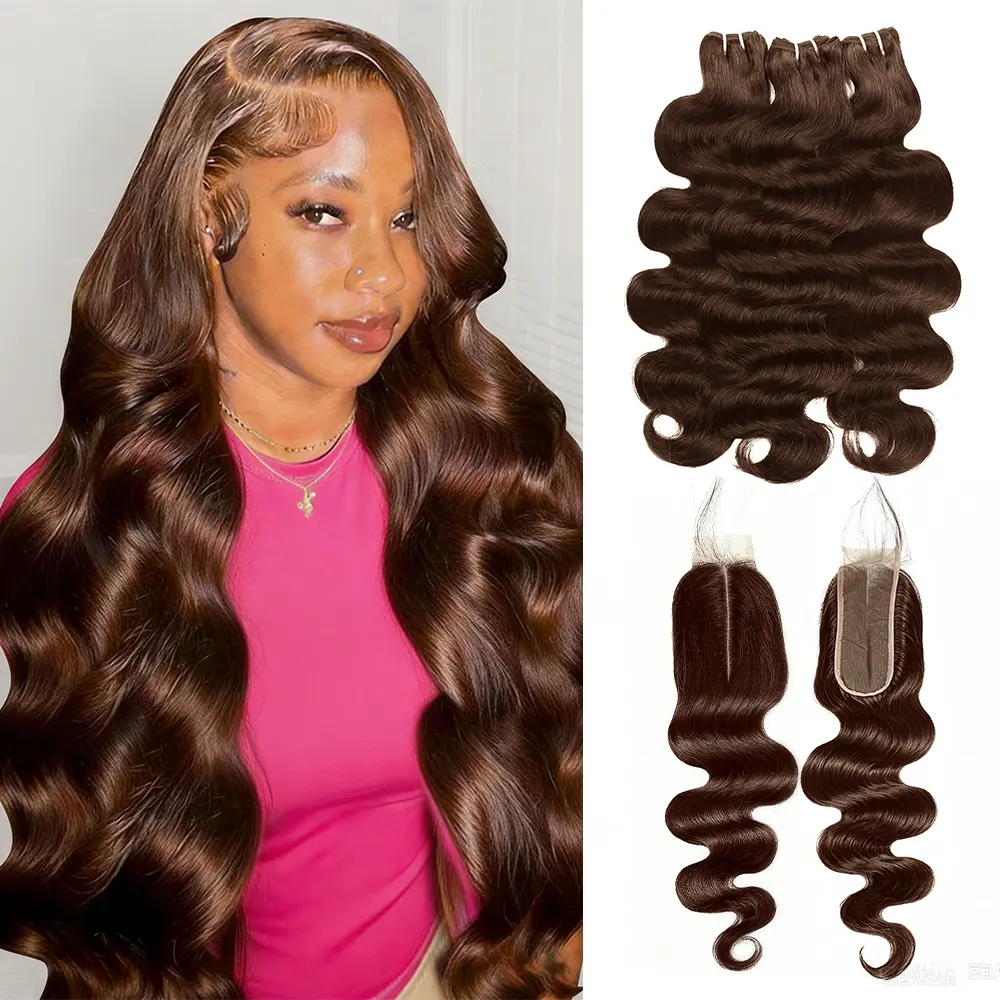 #4 Brown Body Wave Bundles with 2x6 Lace Closure Chocolate Brown Colored Human Hair Bundles with Closure 15A Upgrade Remy Hair Extensions For Women