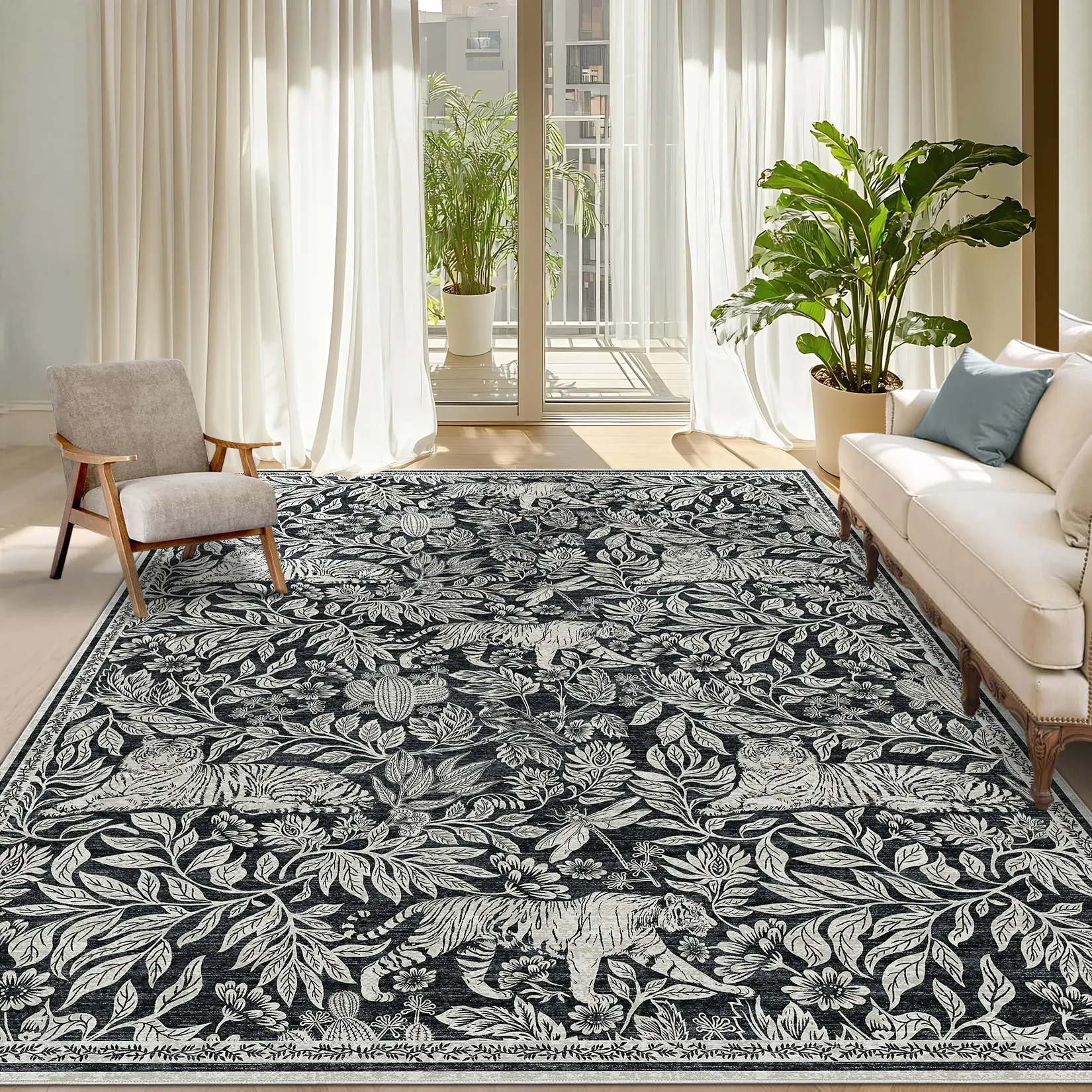 Tiger Print Rug Large Size Washable Carpet Soft Non-Slip Thin Rug Foldable Vintage Indoor Carpet for Bedroom Living Room Office Home Decor