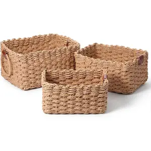 Small Wicker Basket Set of 3, Handwoven Paper Rope Storage Baskets with Leather Handles, Decorative Organizing Bins for Home, Desk, Bathroom & Gifts (Beige)