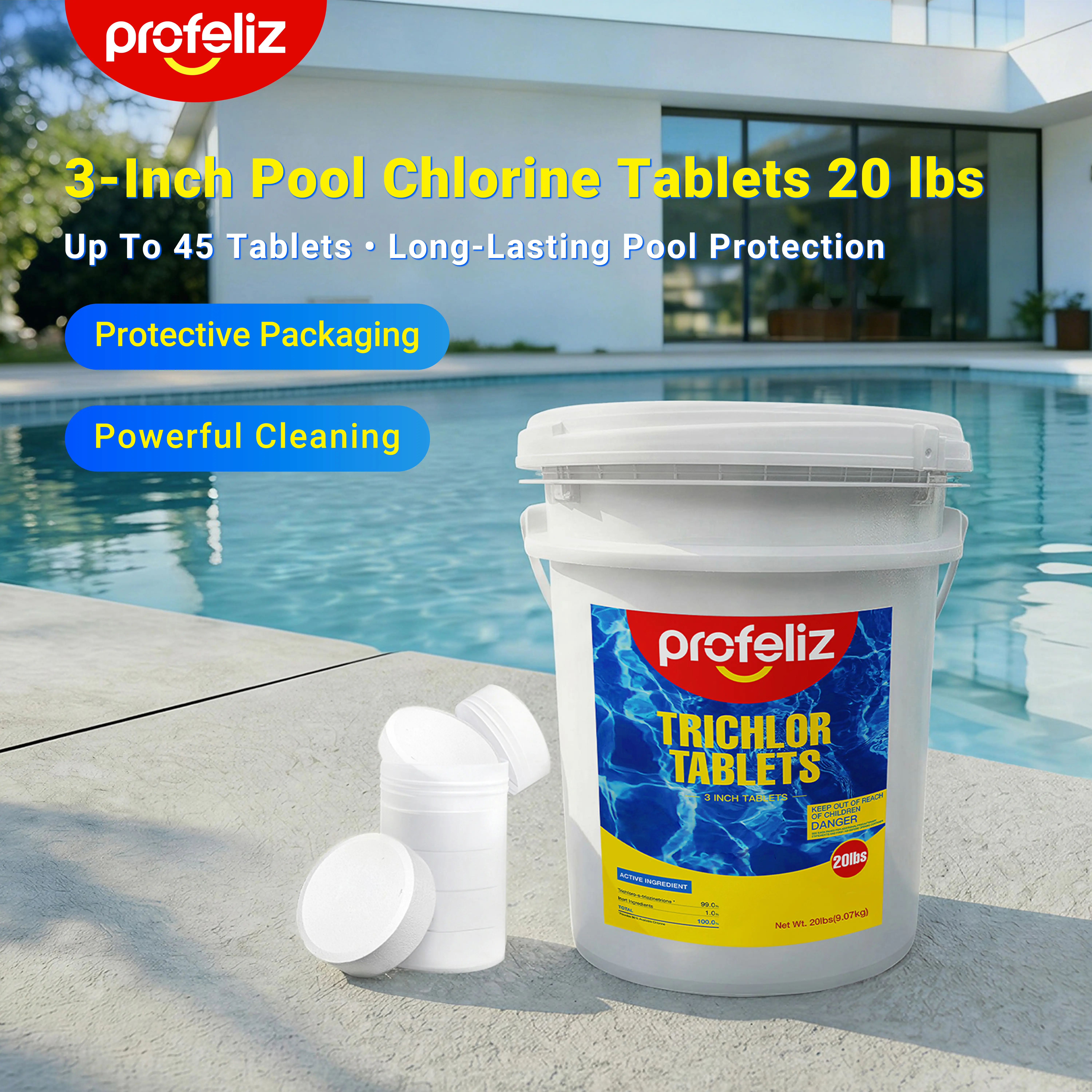 SummervibesPROFELIZ Chlorine Tablets 3 Inch for Swimming Pools, Kills Bacteria and Stops Algae, Slow Dissolving,Exclusive Protective Packaging,Pool Chlorine Tablets,20lbs