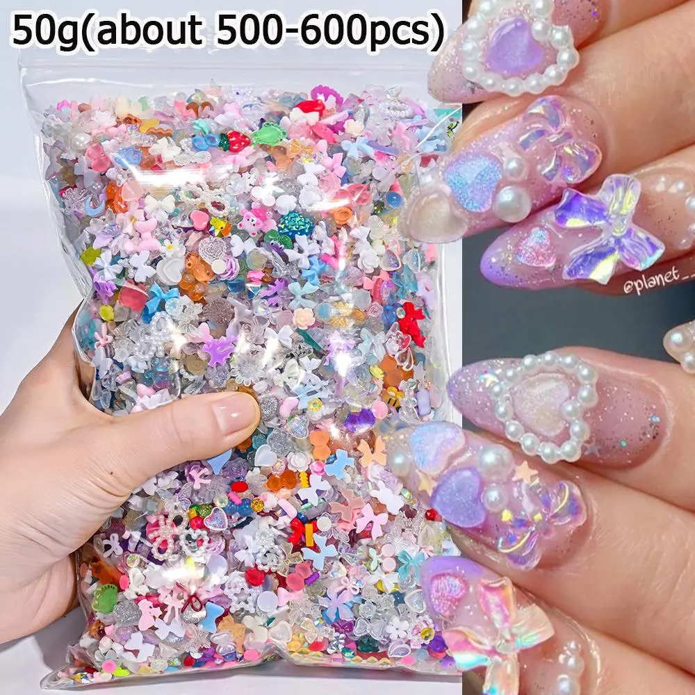 50g(500-600pcs) Bulk 3D Mix Colorful Resin Aurora Bow Flowers Butterfly Nail Charms Heart//Moon FlatBack Nail Decoration Supplie