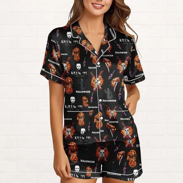 Michael Myers Inspired Halloween Pajama Set for Women, Retro Horror Silky Sleepwear and Loungewear