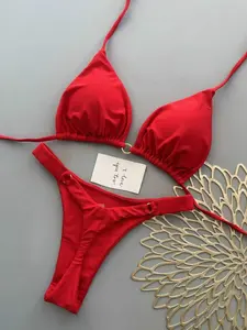 New Two-Piece Bikini Set, Classic Halter Triangle Cup, Ring Buckle, High-Waisted Thong Design, Sexy Leggings, Holiday Swimwear, Bikini Swimsuit Set, Halter Bikini Top